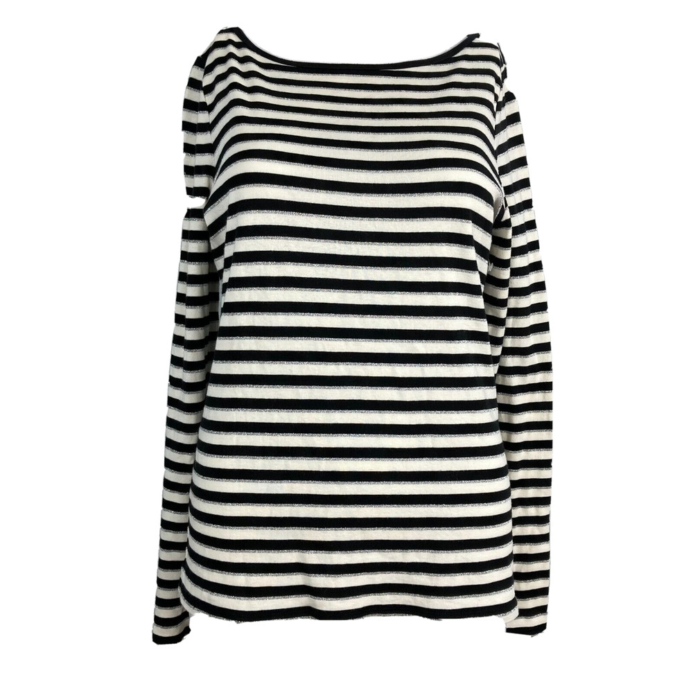 Talbots Shirt Womens Sz S Black White Silver Metallic Striped Pullover